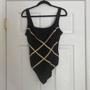 Longitude Women’s One Piece Black Bathing Suit With Gold Piping Size 14